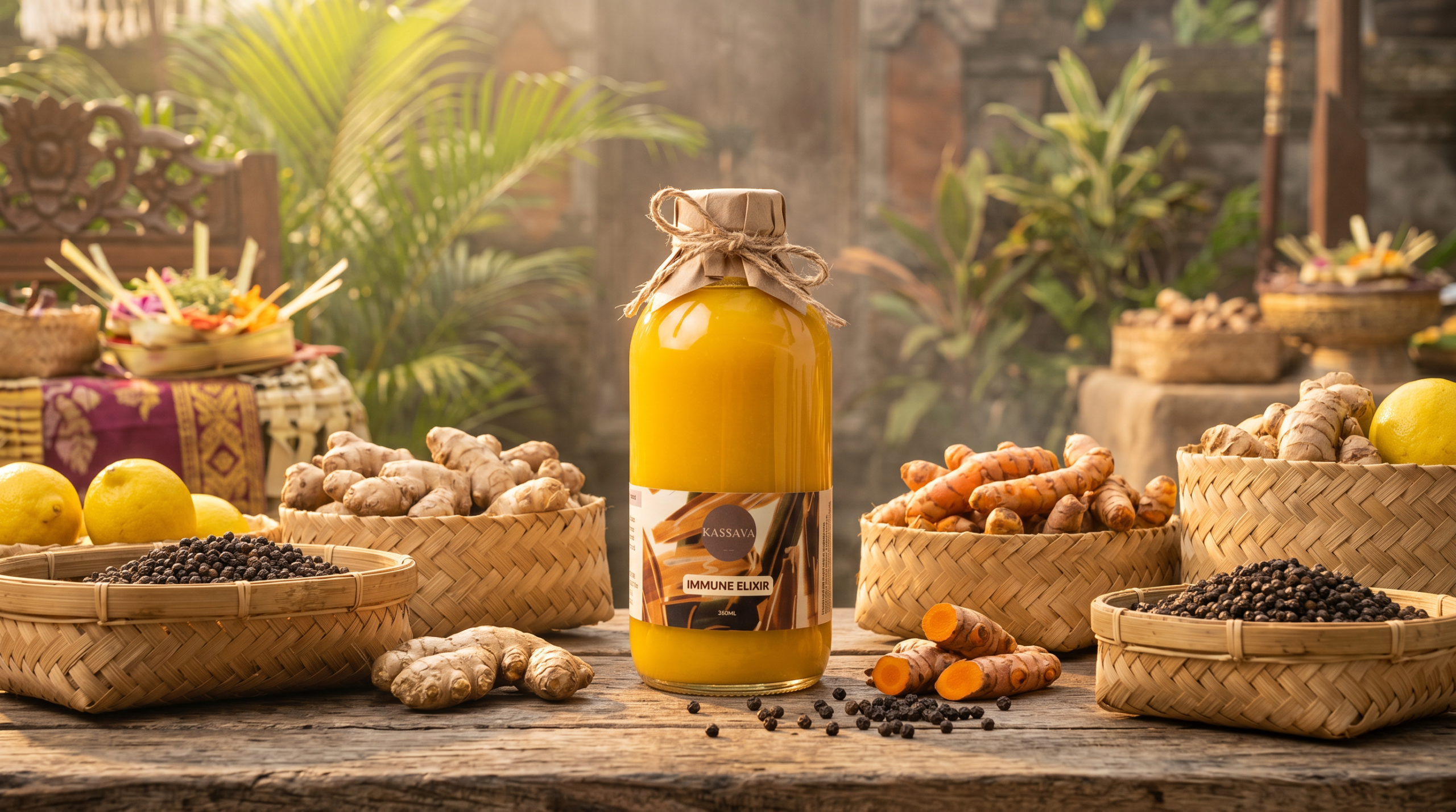 KASSAVA Immune Elixir with fresh ginger, turmeric, lemon and black pepper in a Balinese market