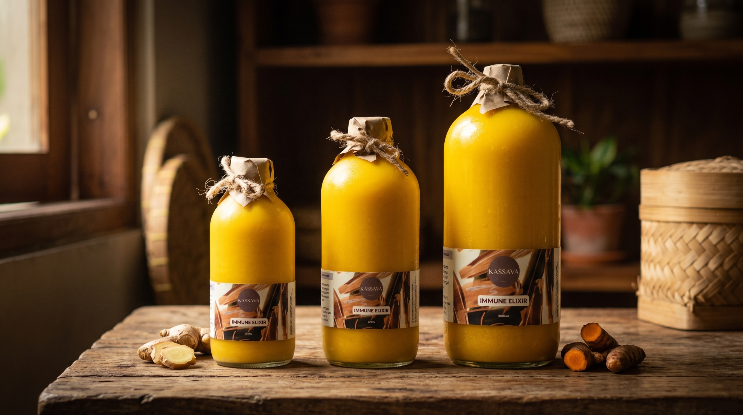 KASSAVA Immune Elixir in three sizes with fresh ginger and turmeric